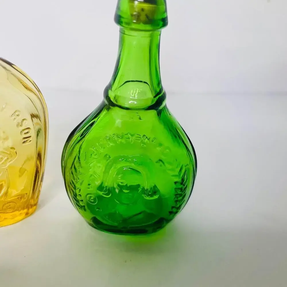 Wheaton Glass Yellow  Thomas Jefferson & Green Jenny Lind Bottle 3" Tall - Picture 2 of 3